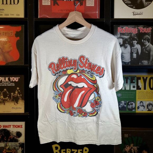 The Rolling Stones Adult Unisex Large Off White Hot Lips Band S/S T-Shirt Cotton - Picture 1 of 8